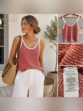 Vince Bouclé Knit Tank Top Red Cream Textured Stretch Sweater Small